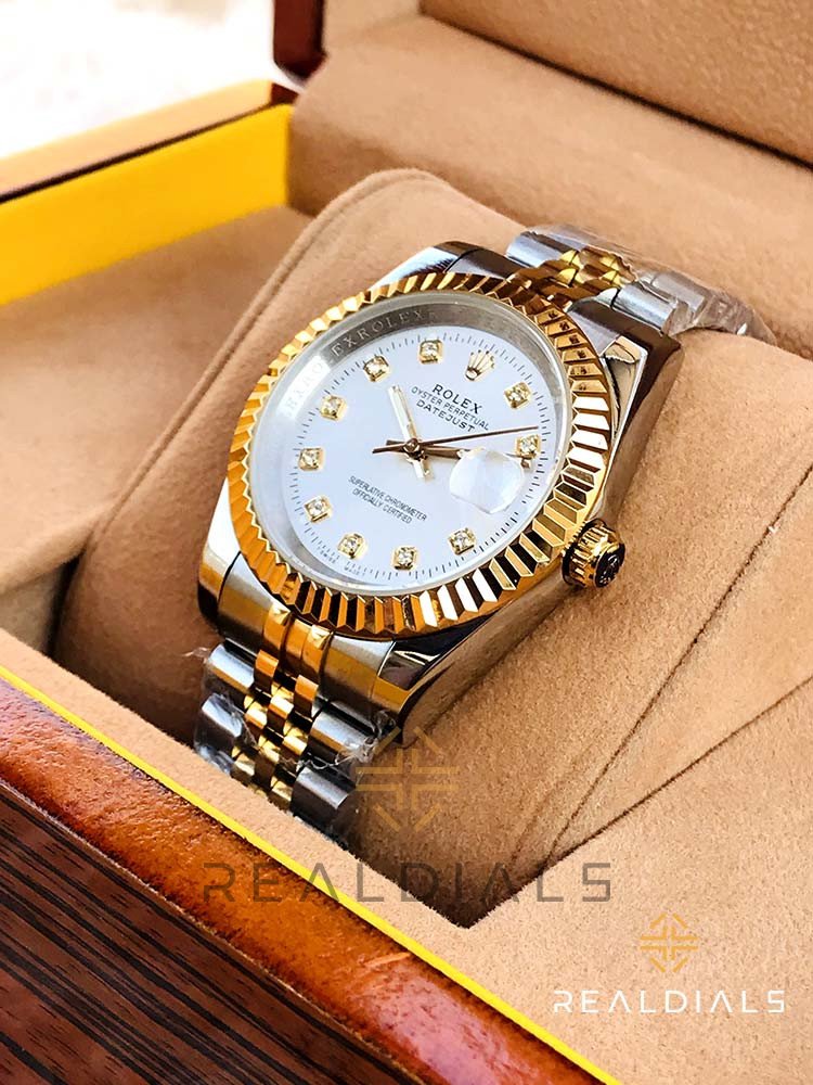 RLX Premium Quality White & Gold Date Just