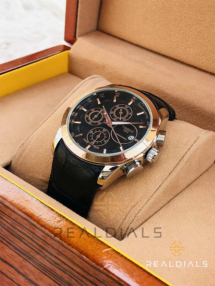 Tissot Rose Gold Black Dial Genuine Leather Strap Chronograph