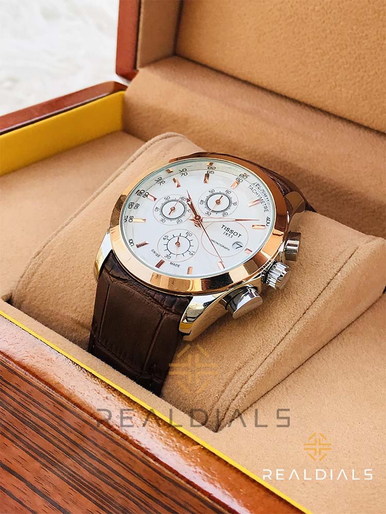 Tissot Rose Gold White Dial Genuine Leather Strap Chronograph