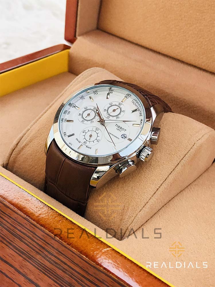 Tissot Silver White Dial Genuine Leather Strap Chronograph