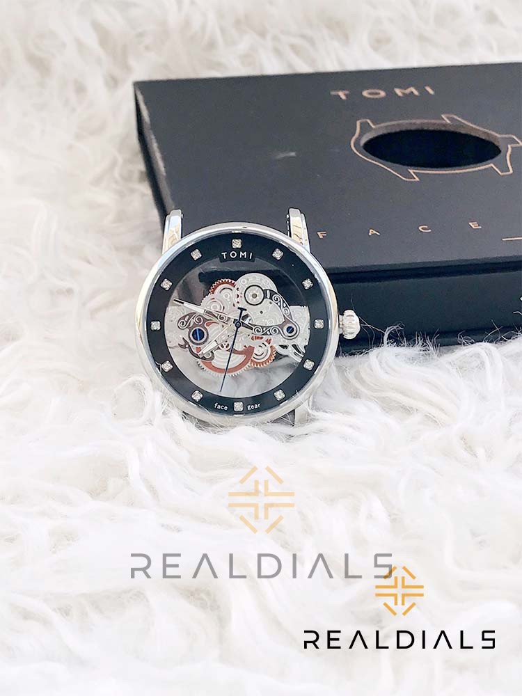 Tomi Face Gear White Stone Black Dial Skeleton Watch