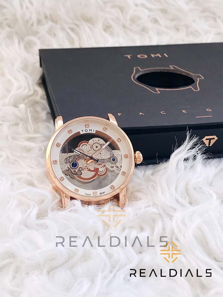 Tomi Face Gear White Stone White Dial Skeleton Watch