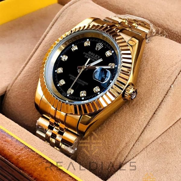 Rolex AAA Oyester Perpetual Date Just Black Golden Stainless Steel Chain 2