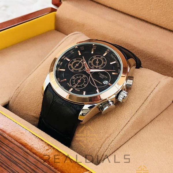 Tissot Rose Gold Black Dial Genuine Leather Strap Chronograph