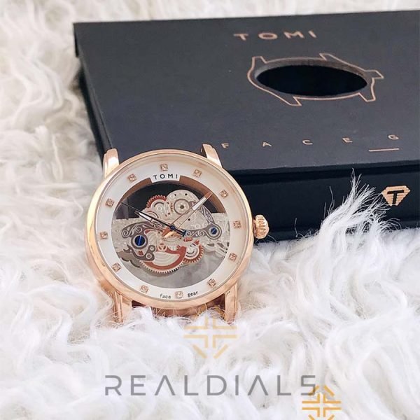 Tomi Face Gear White Stone White Dial Skeleton Watch